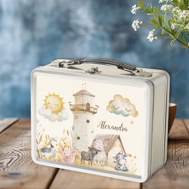 Personalised Cute Watercolor Farm Animals  Metal Lunch Box (Creator Uploaded)