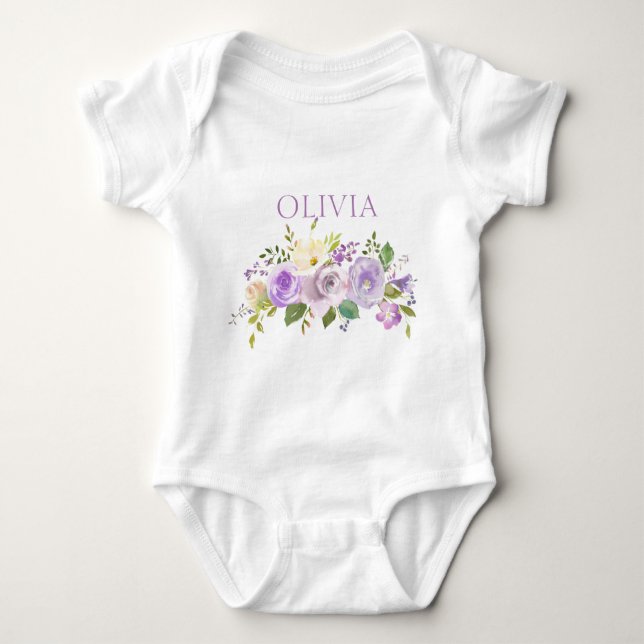 Personalised Cute Watercolor Floral Purple Baby Bodysuit (Front)
