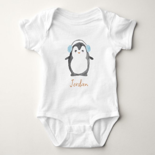 Personalised cute watercolor penguin baby bodysuit (Front)