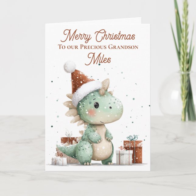 Personalised Cute Watercolour Christmas Dinosaur  Holiday Card (Front)
