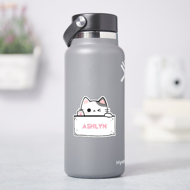 Personalised Cute White Grey Cat Name Sticker (HydroFlask)