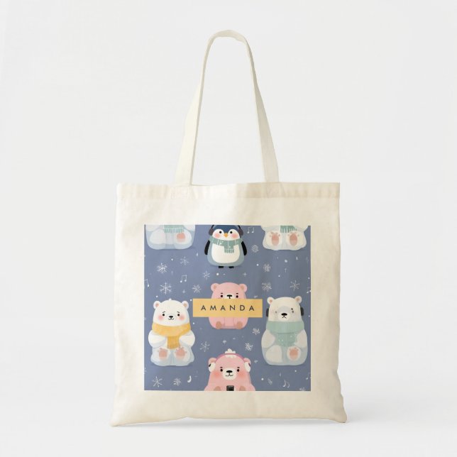 Personalised Cute Winter Bear & Penguin Pattern  Tote Bag (Front)