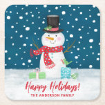 Personalised Cute Winter Snowman Christmas  Square Paper Coaster<br><div class="desc">Decorate your Christmas party with this loveable snowman Christmas holiday drink coaster. It features a cute snowman on a snowy night. Perfect for a winter celebration. Easy to personalise with your message and name. Designed for you by Blackberry Boulevard.</div>