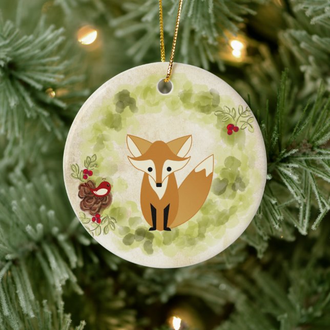 Personalised Cute Woodland Fox and Holiday Wreath Ceramic Tree Decoration (Tree)