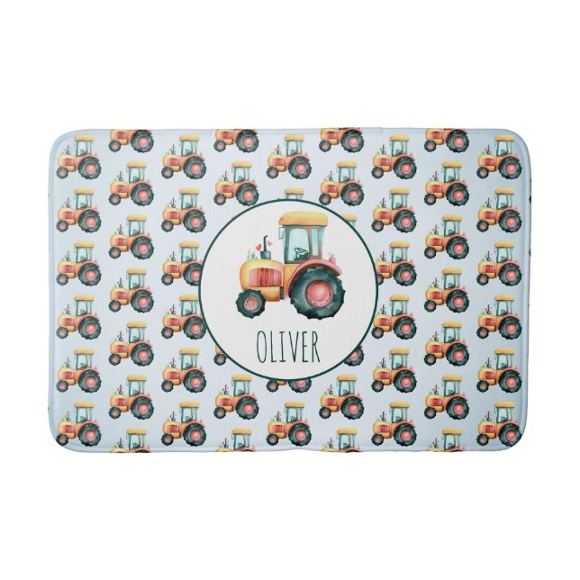 Personalised Cute Yellow Tractor Pattern Bath Mat (Front)