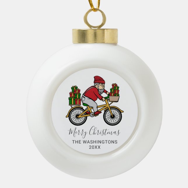 Personalised Cyclist Santa Ceramic Ball Christmas Ornament (Front)