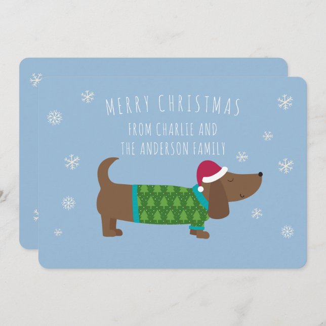 Personalised Dachshund Blue Cartoon Christmas Card (Front/Back)
