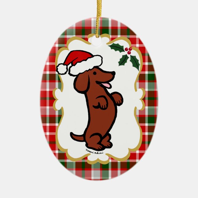 Personalised Dachshund Christmas Santa Hat Ceramic Tree Decoration (Front)