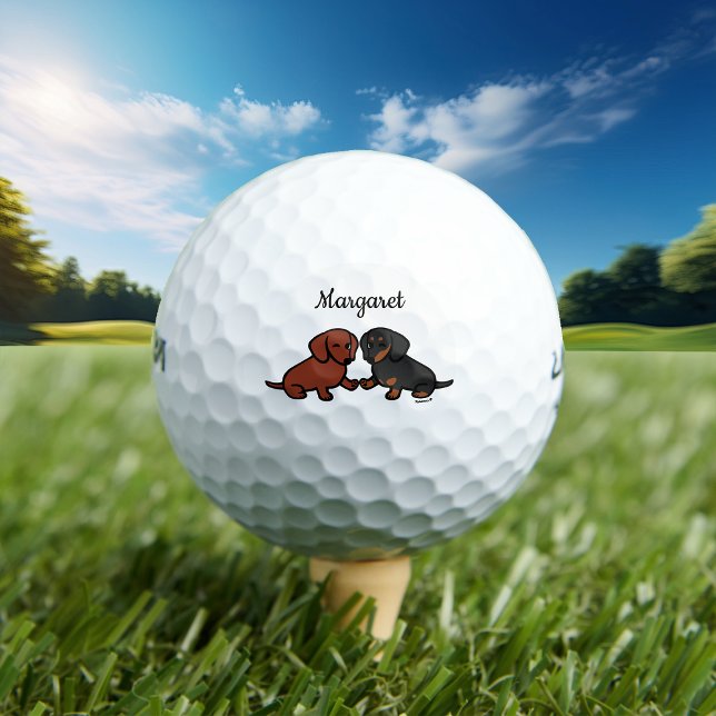 Personalised Dachshund Friends 2 Golf Balls (Dachshund Friends Golf Balls for Dachshund Owners!  Personalized and cute doxie cartoon design.)