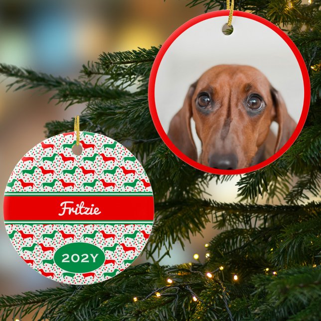 Personalised Dachshund Photo Year  Ceramic Tree Decoration (Personalized Photo Ornament. Cute Red and Green Dachshund pattern with Name Year on the back)