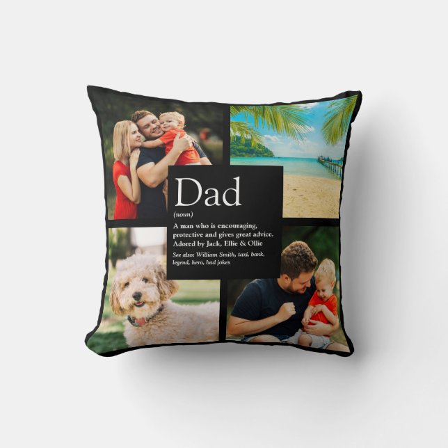 Personalised Dad Father Definition 4 Photo Black Cushion (Front)