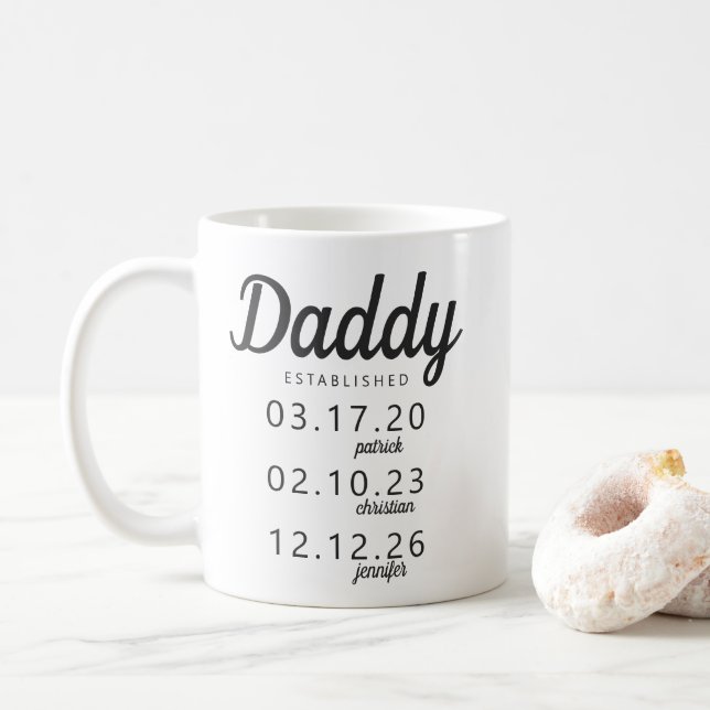 Personalised Daddy Established Kid Birth Date Name Coffee Mug (With Donut)