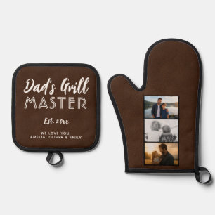 Personalised Dad's Grill Master 3 Photo Oven Mitt & Pot Holder Set