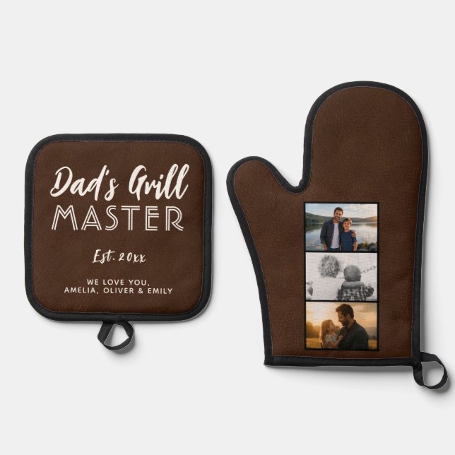 Personalised Dad's Grill Master 3 Photo Oven Mitt & Pot Holder Set (Front)