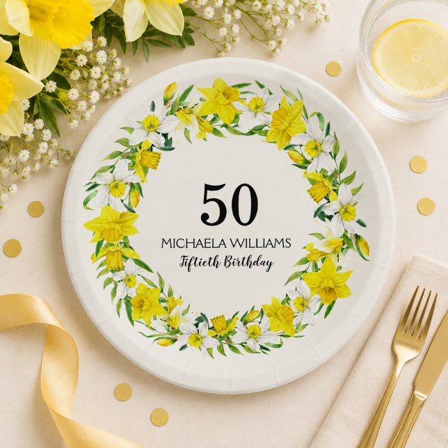 Personalised Daffodil 50th Birthday Party Paper Plate (Add name / edit text to personalize.  Other items available in collection.)