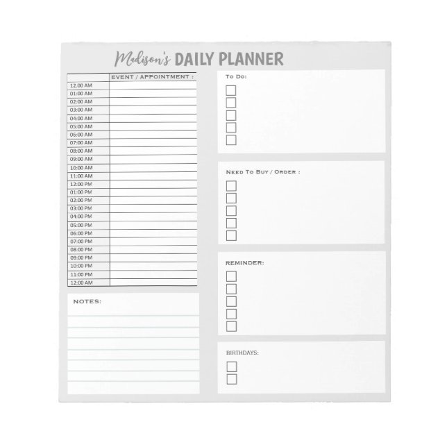 Personalised Daily Planner To Do List Organiser Notepad (Front)