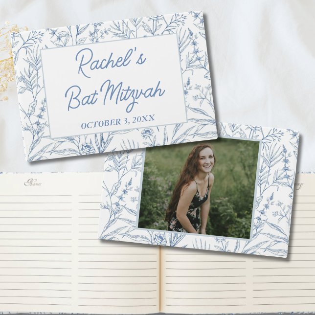 Personalised Dainty Blue Floral Mitzvah Guestbook (Personalized Dainty Blue Floral Mitzvah Guestbook
)