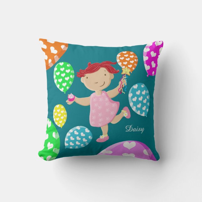 Personalised Daisy Cupcake Heart Balloons Kids Cushion (Front)
