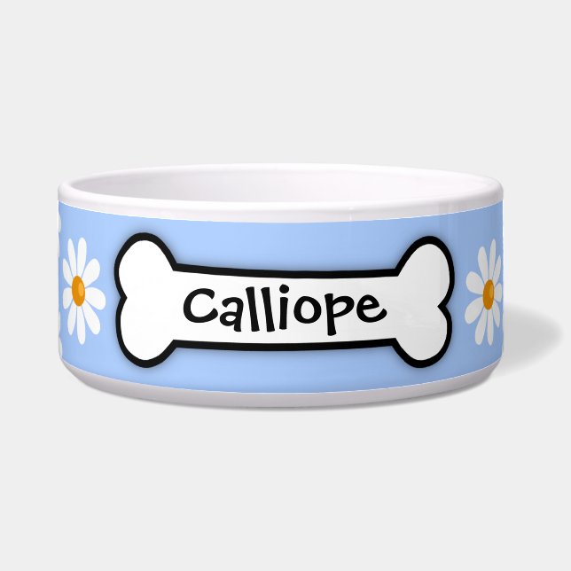 Personalised Daisy Dog Bowl with Blue Background (Front)