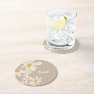 Personalised  Daisy Floral Brown Round Paper Coaster