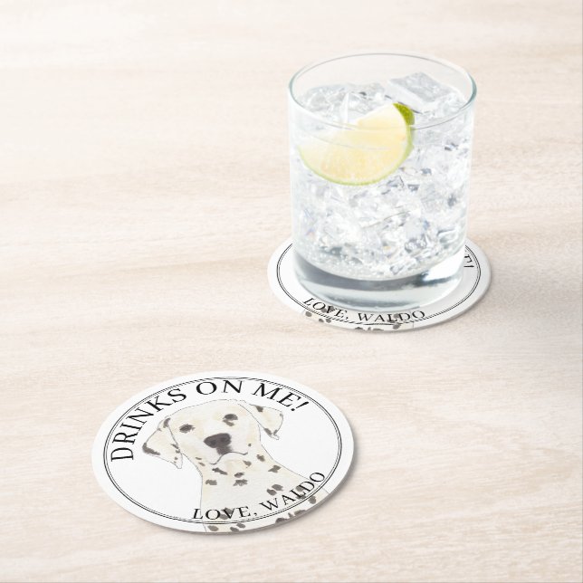 Personalised Dalmatian Dog Wedding Round Paper Coaster (Insitu)