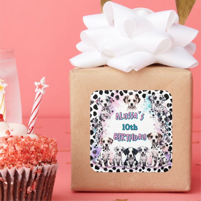 Personalised Dalmatian Puppies Watercolor Birthday Square Sticker (Party)