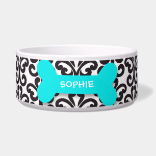 Personalised damask aqua dog bone pet food bowl