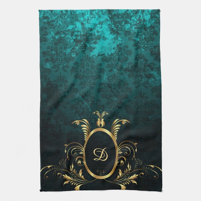 Personalised Damask gold Frame Tea Towel (Vertical)