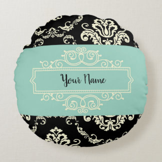 Personalised Damask Green and Black Round Pillow