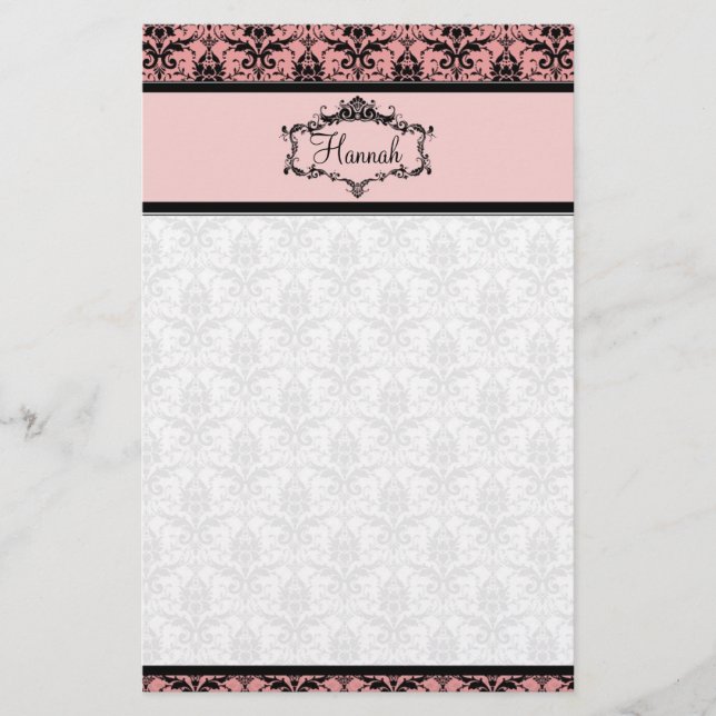 Personalised Damask Stationery - Pink and Black (Front)