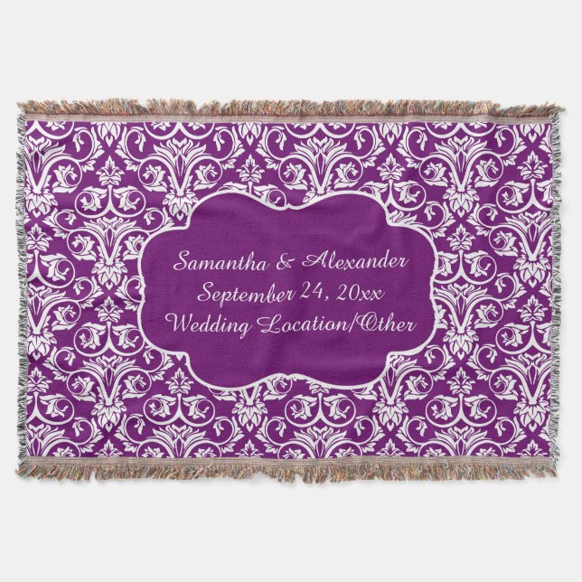 Personalised Damask Wedding/Keepsake Purple Throw Blanket (Front)