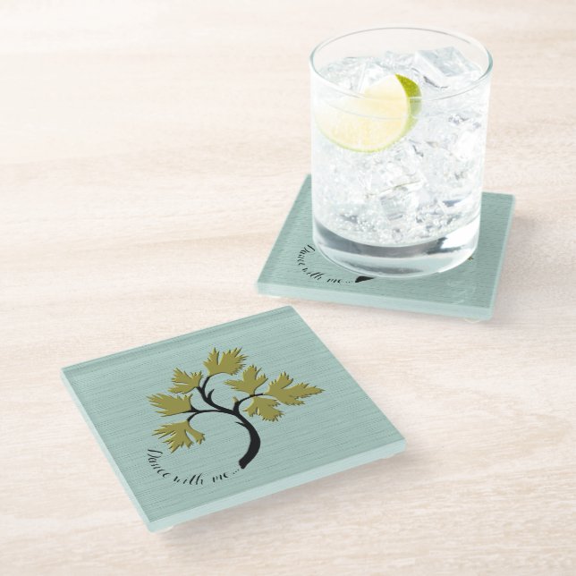 Personalised Dancing Tree Olive Green Glass Coaster (Angled)