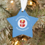 Personalised Danish Angel Hanukkah Flag  Ornament<br><div class="desc">Hanukkah decor star shaped ornament for the holiday season shows an angel wearing the red and white flag of Denmark. Designed for families of multiple religions, the Hanukkah Danish angel is found in the centre of white squiggly squares, surrounded by blue squiggly squares. Add a name to personalise. Customise by...</div>