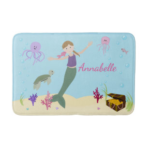 Personalised Dark Blonde Mermaid and Ocean Friends Bath Mat