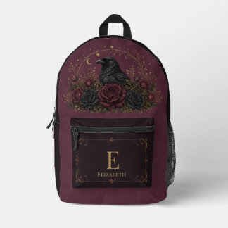 Personalised Dark Burgundy Gothic Raven Roses  Printed Backpack