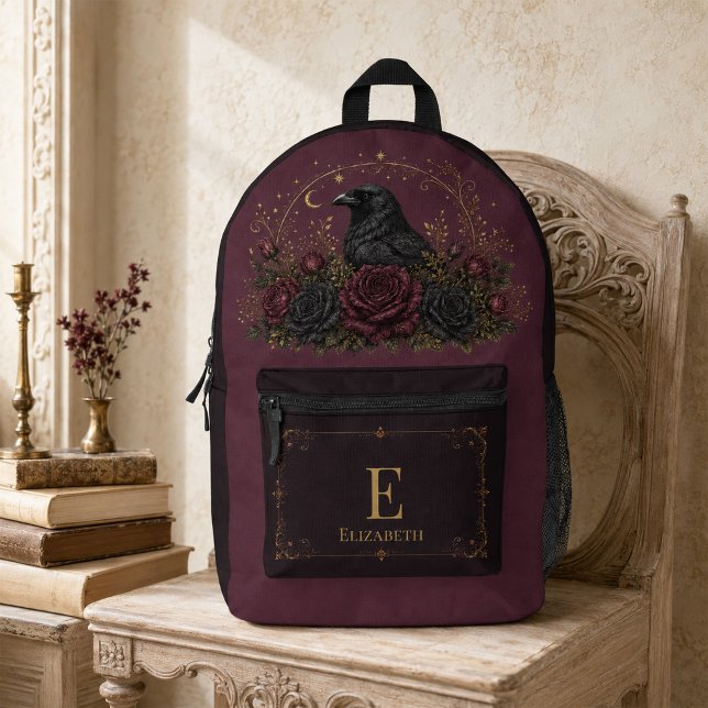 Personalised Dark Burgundy Gothic Raven Roses  Printed Backpack (Personalized Dark Burgundy Gothic Raven Roses Printed Backpack)