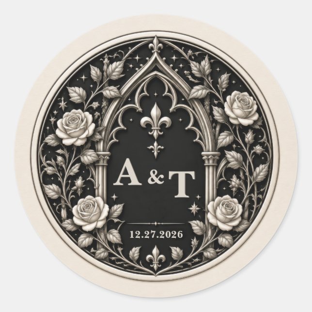 Personalised Dark Gothic Wedding Monogram Classic Round Sticker (Front)
