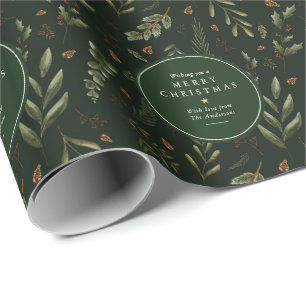 Personalised Dark Green Botanical Merry Christmas Wrapping Paper