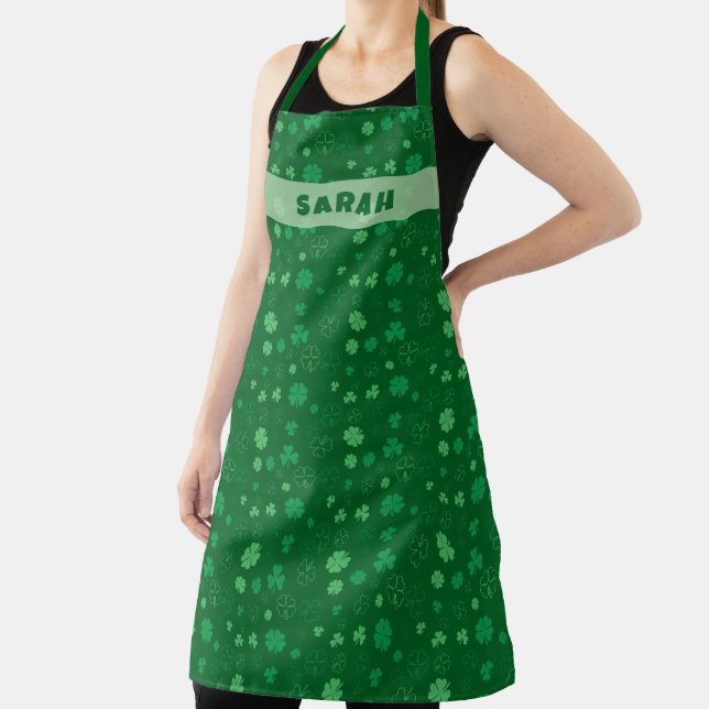 Personalised Dark Green Lucky Shamrock Apron (Insitu)