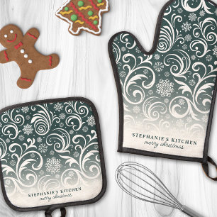 Personalised Dark Green Snowflake Christmas Oven Mitt & Pot Holder Set