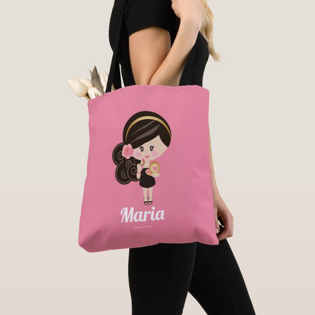 Personalised Dark Hair Dolled Up Makeup Girl Tote Bag (Close Up)