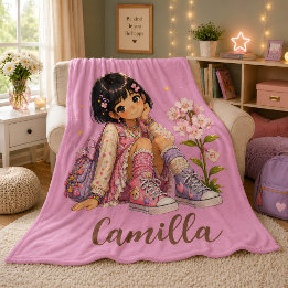Personalised Dark Haired Girl Name Fleece Blanket