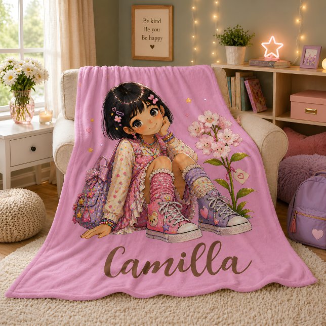 Personalised Dark Haired Girl Name Fleece Blanket (Creator Uploaded)