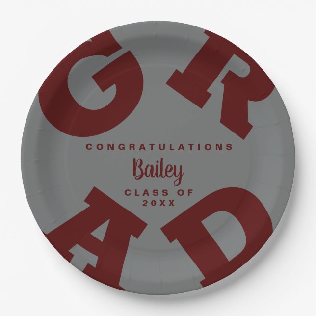 Personalised Dark Maroon and Grey Graduation Paper Plate (Front)