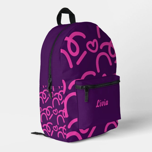 Personalised Dark Neon/Pink Hearts Printed Backpack (Back Corner Left)