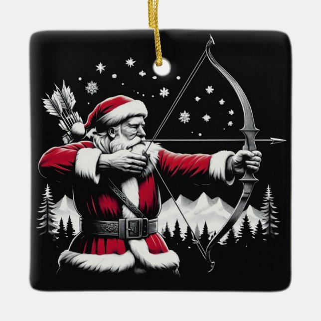 Personalised Dark Santa Doing Archery Ceramic Ornament (Front)