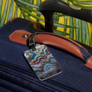 Personalised Dark Teal Blue Purple Gold Marble Luggage Tag