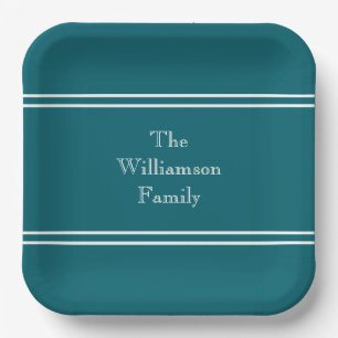 Personalised Dark Teal & White Striped Paper Plate