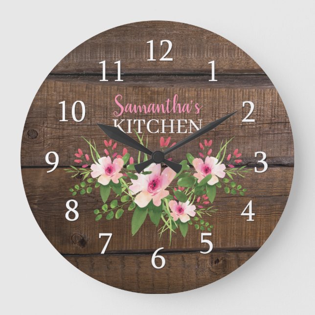 Personalised Dark Wood And Pink Floral Kitchen   Large Clock (Front)