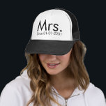 Personalised Date Mrs. Just Married Bride Hat<br><div class="desc">Just married? Show off your new status at the reception,  honeymoon or around town in this black and white hip and  gear featuring modern style lettering along with personalised wedding day or other text such as name.  Great for the bridal star to wear. New husbands,  claim your woman!</div>